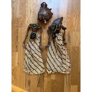 2 Vintage Indonesian Wayang Golek Rod Puppets Hand Carved Wood Batik 1 head!